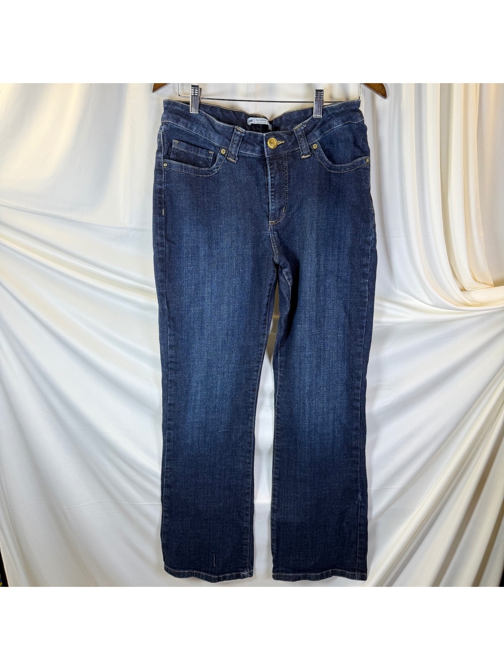 Lee Jeans Womens Slender Secret Lower Waist Dark Wash Fleur De Lis Sz 14 EUC
